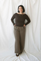 Brynley Boat Neck Micro Ribbed Top in Coffee Bean brown, featuring a feminine boat neckline, subtle ribbed texture, and long sleeves for women's everyday outfits.