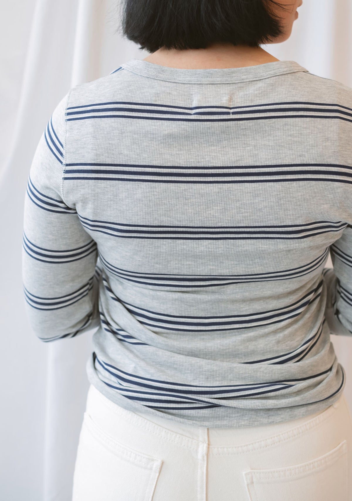Stacy women's top in Grey Multi Stripe featuring a neutral striped pattern in grey tones.