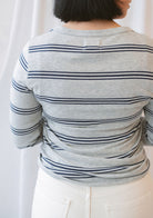 Stacy women's top in Grey Multi Stripe featuring a neutral striped pattern in grey tones.