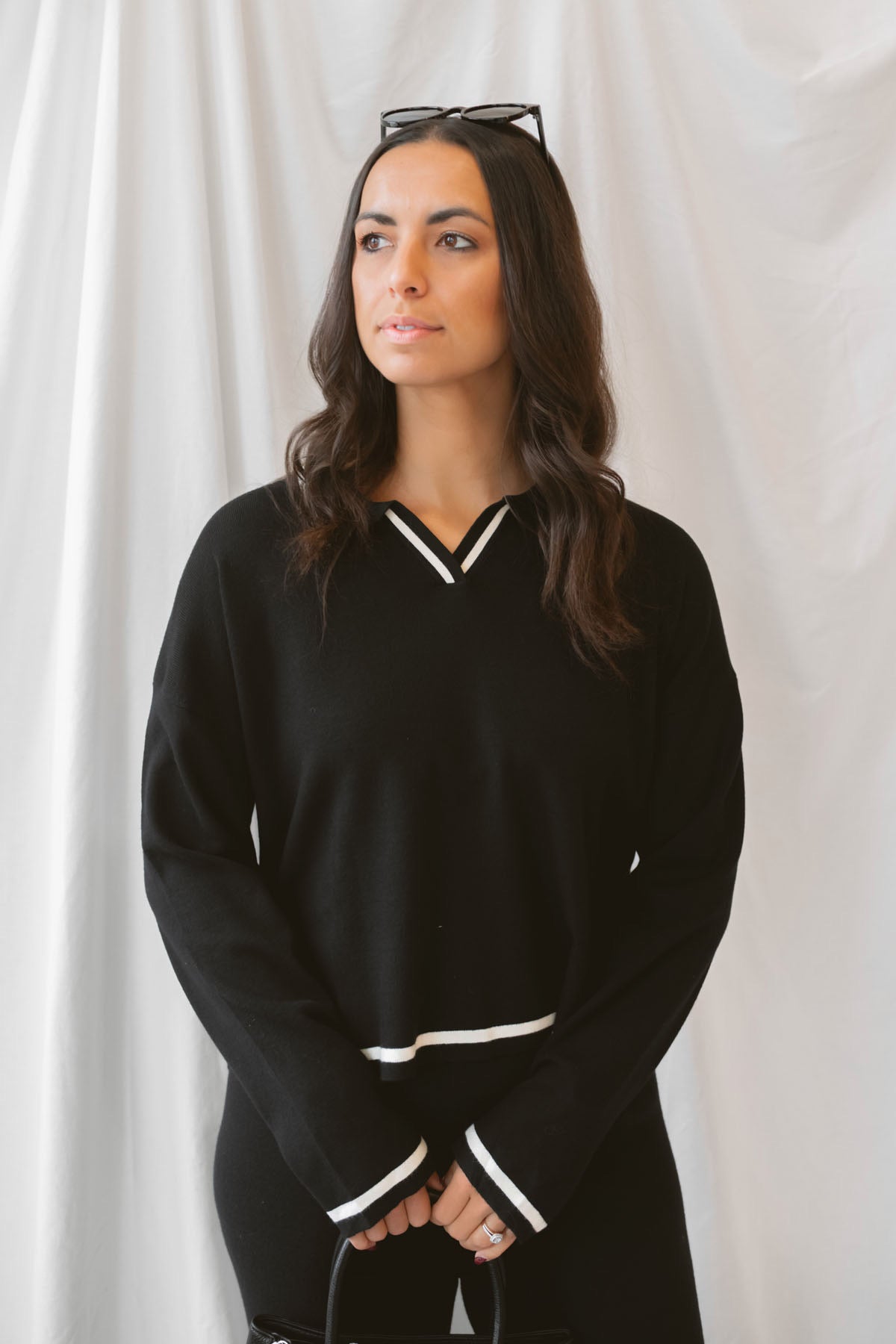 Laura Black Contrast Stripe Trim Collar Knit Sweater and Pants Set featuring a collared sweater and coordinating knit pants with contrasting stripe details.