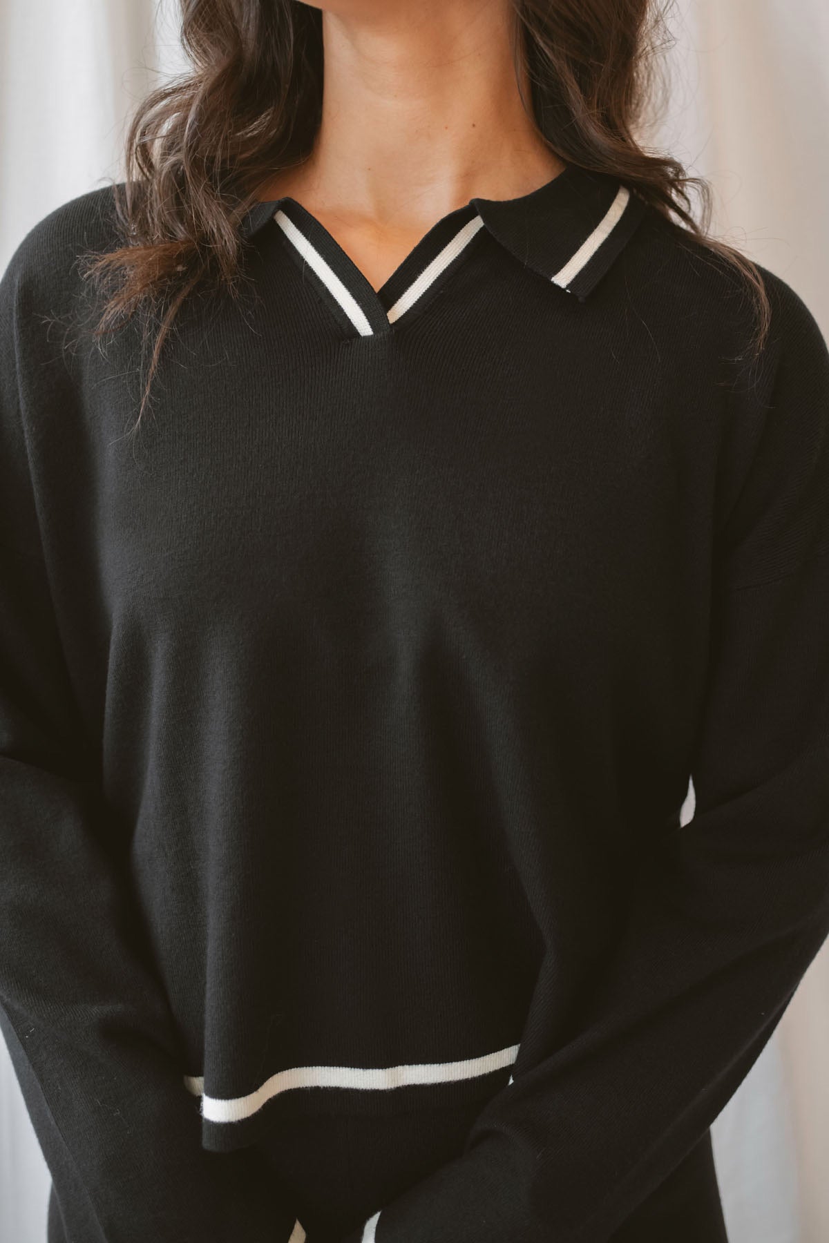 Laura Black Contrast Stripe Trim Collar Knit Sweater and Pants Set featuring a collared sweater and coordinating knit pants with contrasting stripe details.