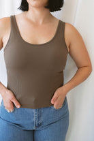 Trina Classic Seamless Ribbed Tank Top in Truffle, a women's sleeveless ribbed basic featuring a smooth seamless design and rich earthy neutral color.