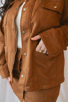 Rosalie Suede Jacket in Cognac featuring a contrasting faux leather collar and snap-front closure.