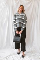 Zoey Striped Knit Collar Neckline Pullover Cropped Sweater Top in Charcoal Multi featuring a classic striped pattern and collared neckline.