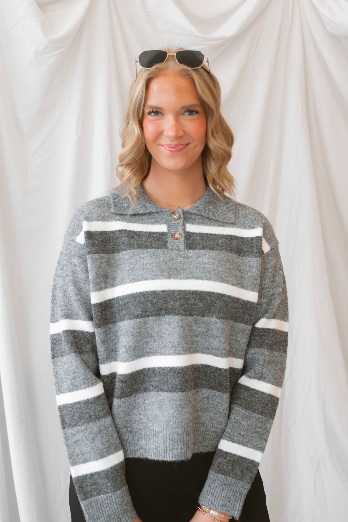 Zoey Striped Knit Collar Neckline Pullover Cropped Sweater Top in Charcoal Multi featuring a classic striped pattern and collared neckline.