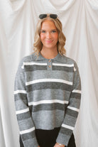 Zoey Striped Knit Collar Neckline Pullover Cropped Sweater Top in Charcoal Multi featuring a classic striped pattern and collared neckline.