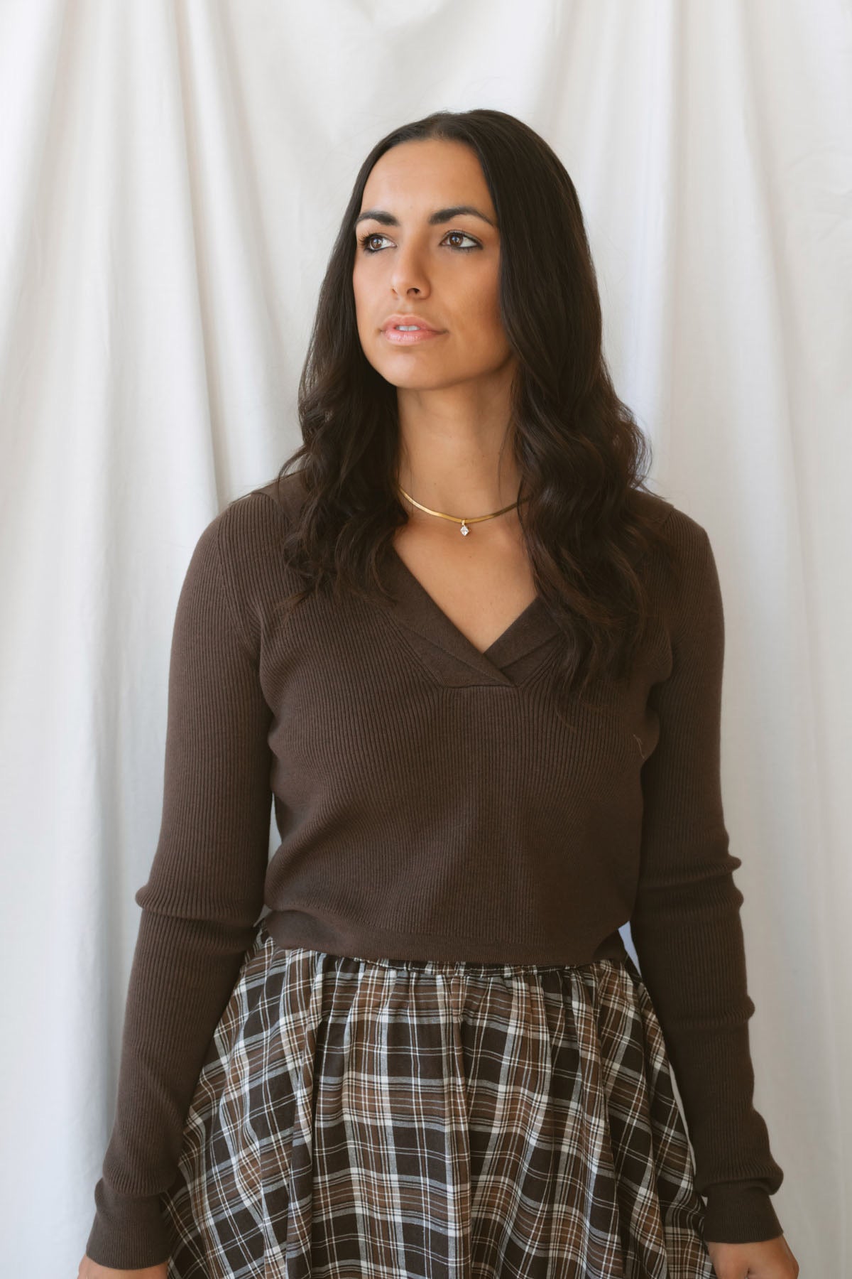 Ronny chocolate brown long sleeve ribbed knit top with an open collar neckline.