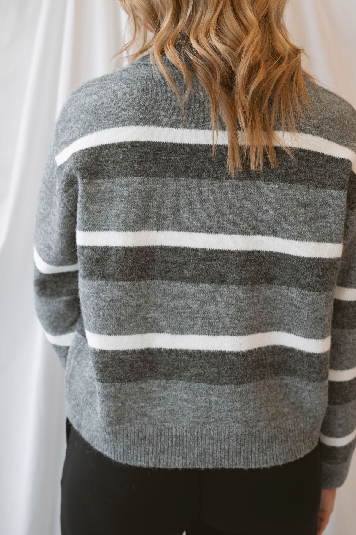 Zoey Striped Knit Collar Neckline Pullover Cropped Sweater Top in Charcoal Multi featuring a classic striped pattern and collared neckline.