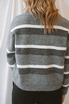 Zoey Striped Knit Collar Neckline Pullover Cropped Sweater Top in Charcoal Multi featuring a classic striped pattern and collared neckline.