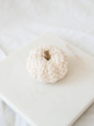 Cream velvet filler pumpkin sitting on white marble board. 
