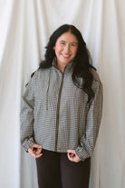 Lainey brown multi checkered hooded zip-up jacket with a relaxed everyday fit.