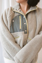 Camila Sherpa Button Up Jacket in Stone Taupe featuring a cozy textured finish and classic button-front design.
