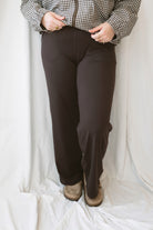Frances Coffee Bean high waist pants with a flowing silhouette in a warm brown shade.