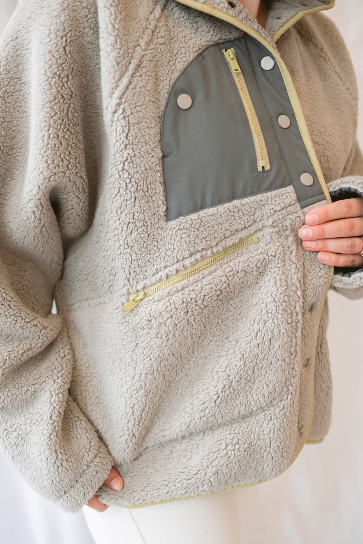 Camila Sherpa Button Up Jacket in Stone Taupe featuring a cozy textured finish and classic button-front design.