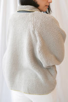 Camila Sherpa Button Up Jacket in Stone Taupe featuring a cozy textured finish and classic button-front design.