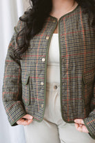 Kenzie Houndstooth Jacket in Olive Multi featuring an olive-toned houndstooth pattern and contrasting binding.