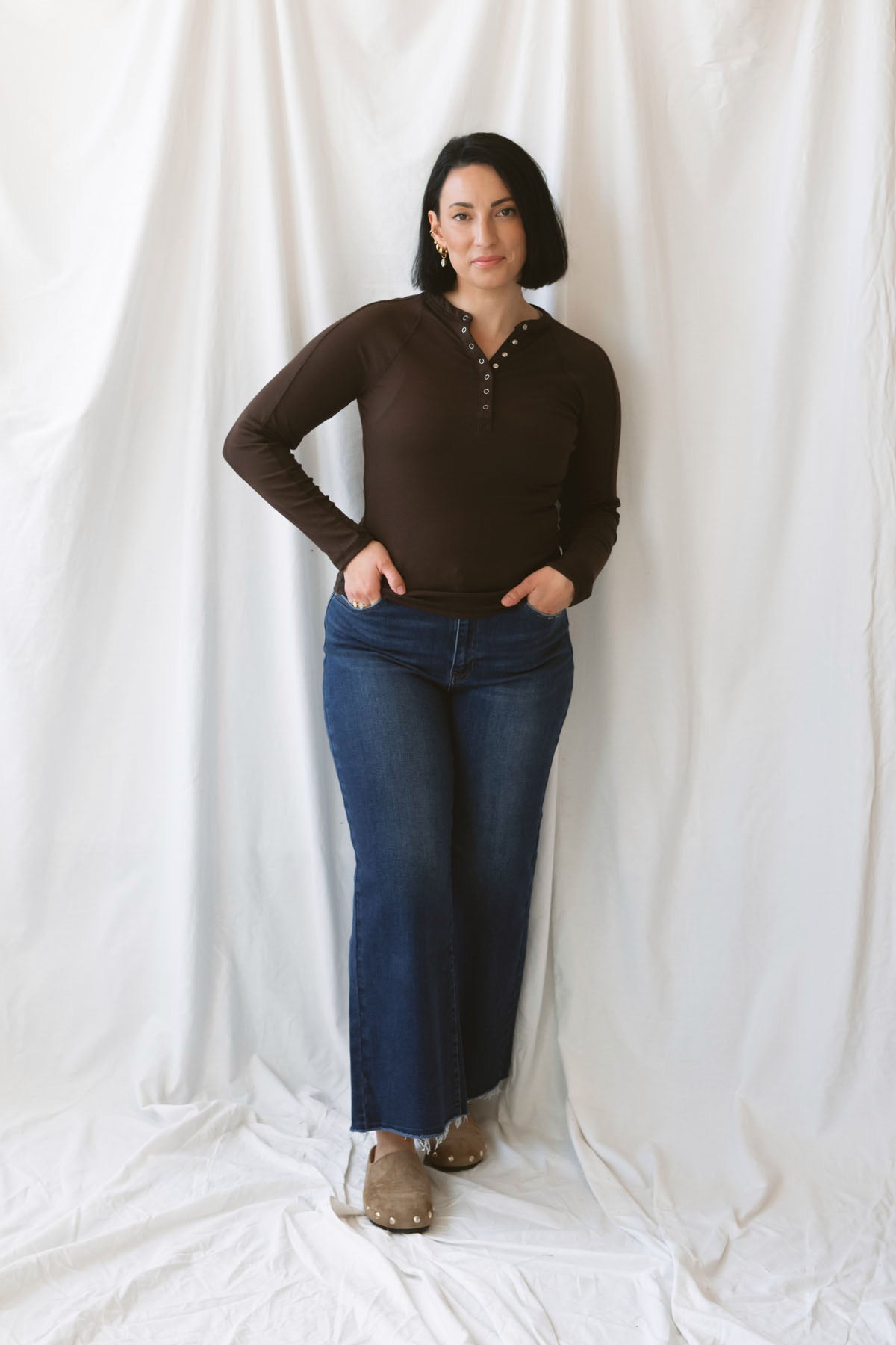 Honey Coffee Bean long sleeve micro-ribbed Henley top with a classic button-front neckline.