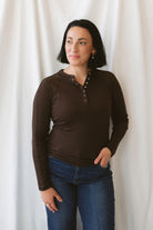 Honey Coffee Bean long sleeve micro-ribbed Henley top with a classic button-front neckline.