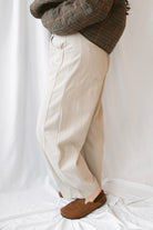 Tessa Cotton Twill Barrel Pant in Taupe featuring a relaxed barrel-leg silhouette and neutral earthy color.