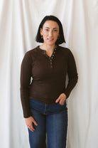 Honey Coffee Bean long sleeve micro-ribbed Henley top with a classic button-front neckline.