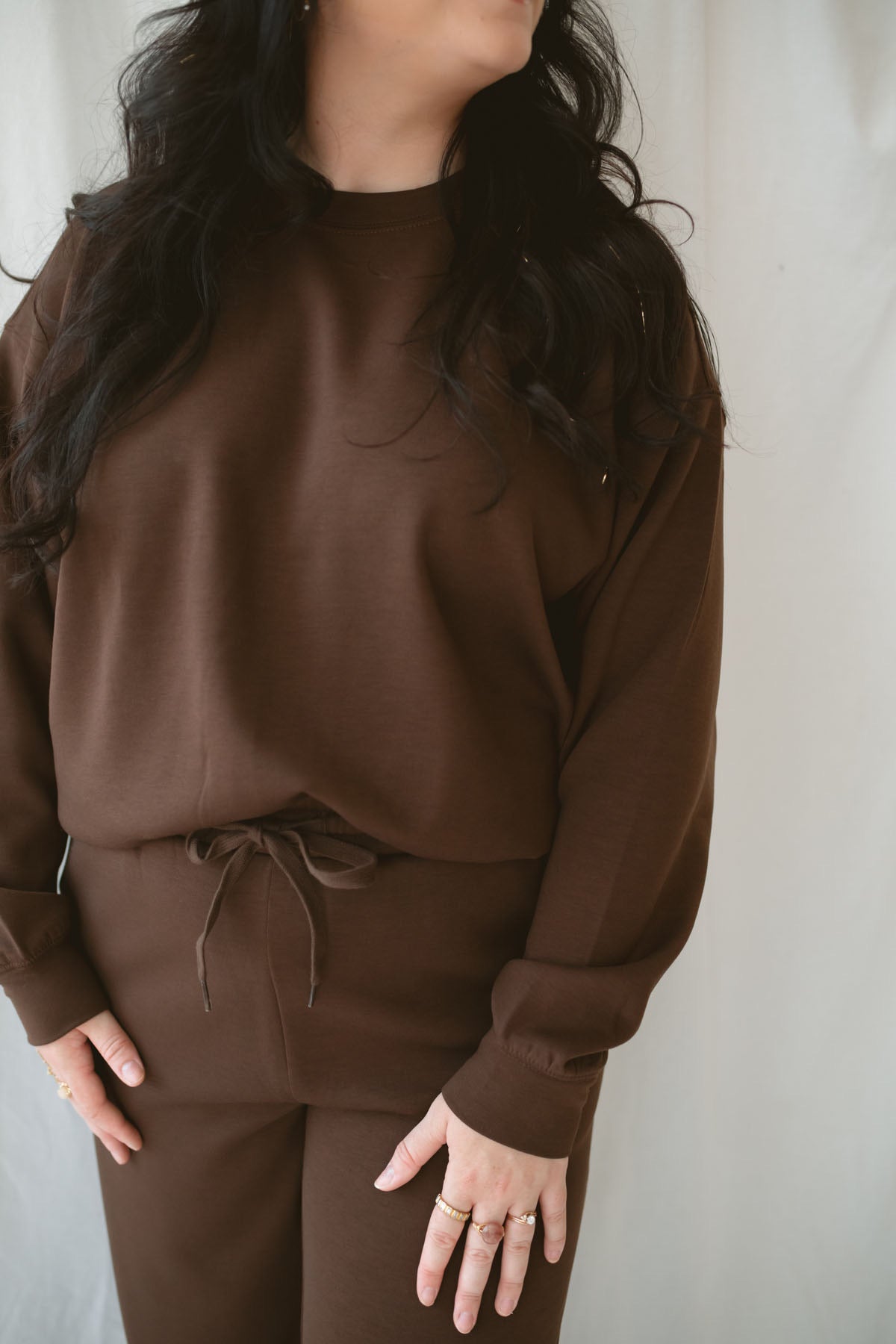 Bryer Chocolate Brown matching set featuring a butter-soft crewneck pullover and coordinating pants.