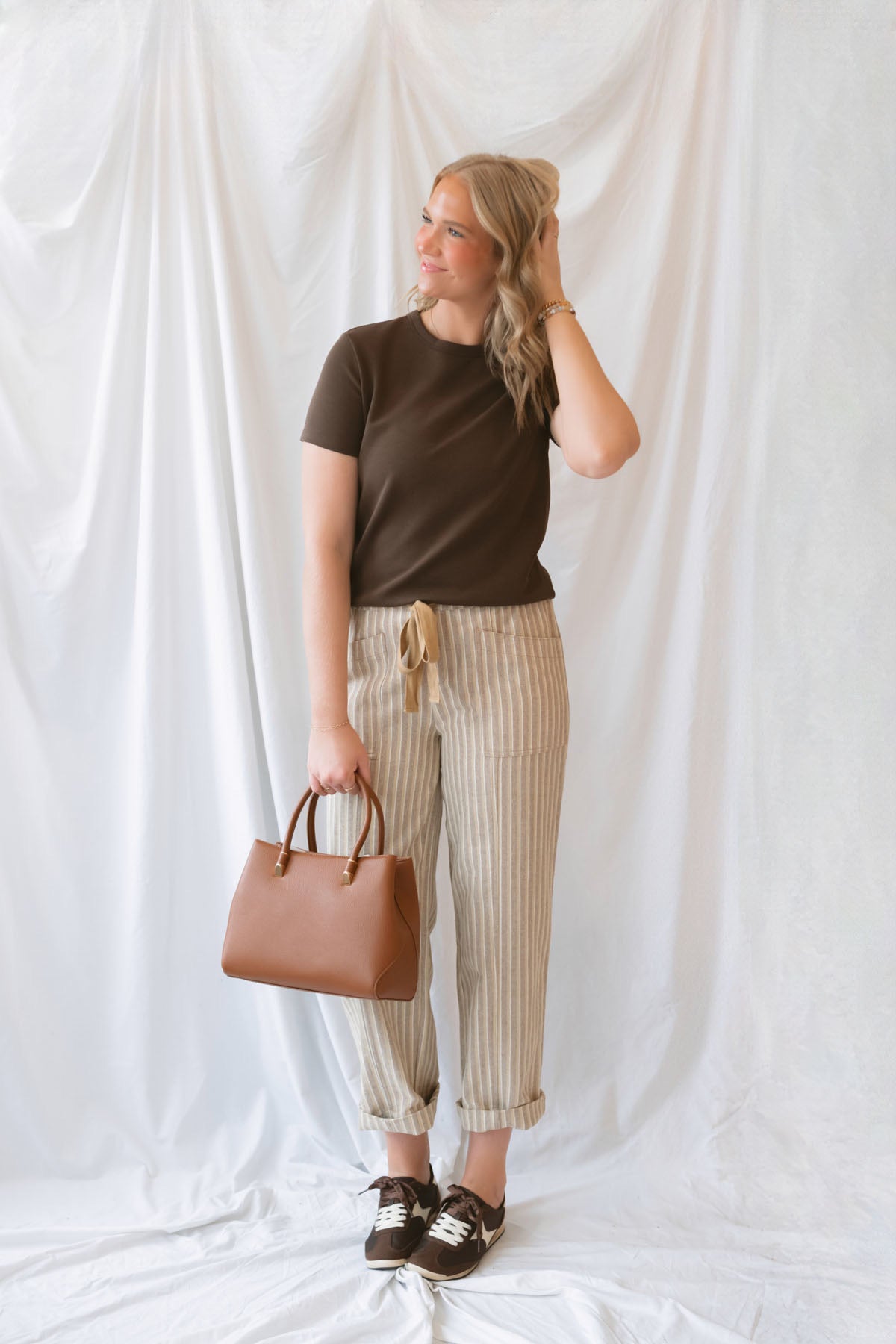 Kelly Short Sleeve Round Neck Soft Knit Jersey Top in brown, a versatile neutral basic for everyday outfits and layering.