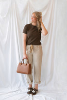 Kelly Short Sleeve Round Neck Soft Knit Jersey Top in brown, a versatile neutral basic for everyday outfits and layering.