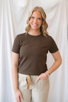 Kelly Short Sleeve Round Neck Soft Knit Jersey Top in brown, a versatile neutral basic for everyday outfits and layering.