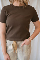 Kelly Short Sleeve Round Neck Soft Knit Jersey Top in brown, a versatile neutral basic for everyday outfits and layering.