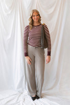 Stacy women's striped top in a rich maroon colorway, featuring a classic stripe pattern for everyday styling.
