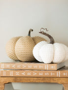 Tan knit stuffed pumpkin with medium sized white knit stuffed pumpkin styled on some books and a wood riser board.