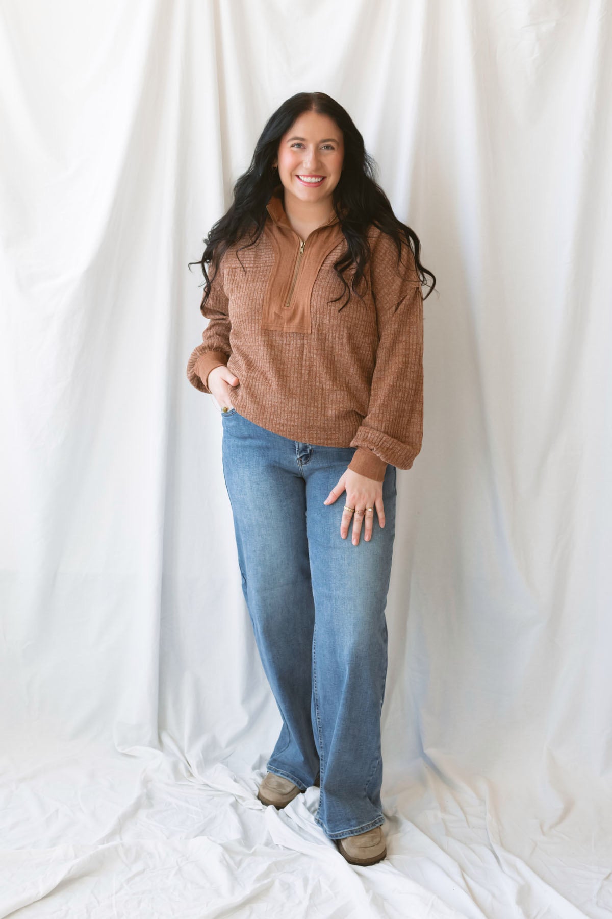 Valerie brick ribbed knit half zip pullover sweater with long sleeves and a cozy textured design.