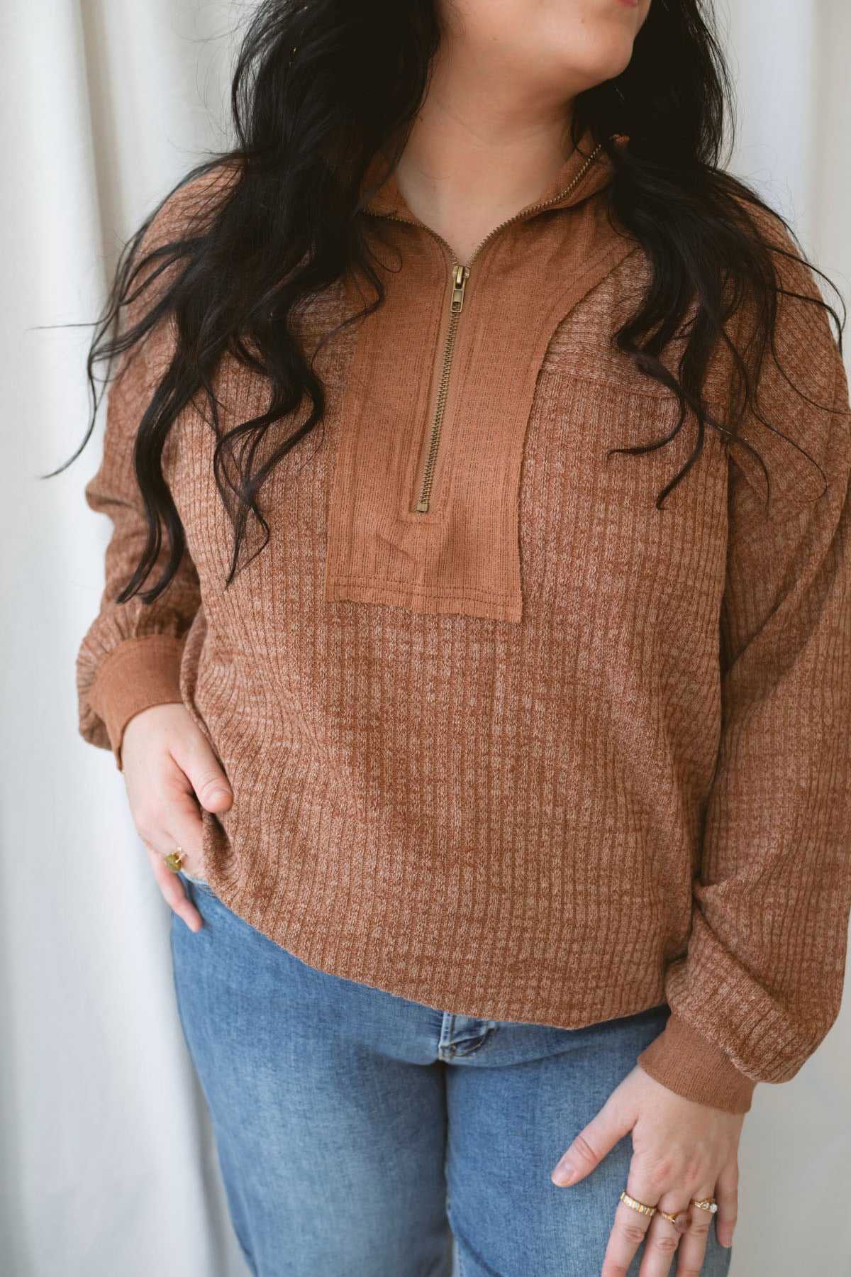 Valerie brick ribbed knit half zip pullover sweater with long sleeves and a cozy textured design.
