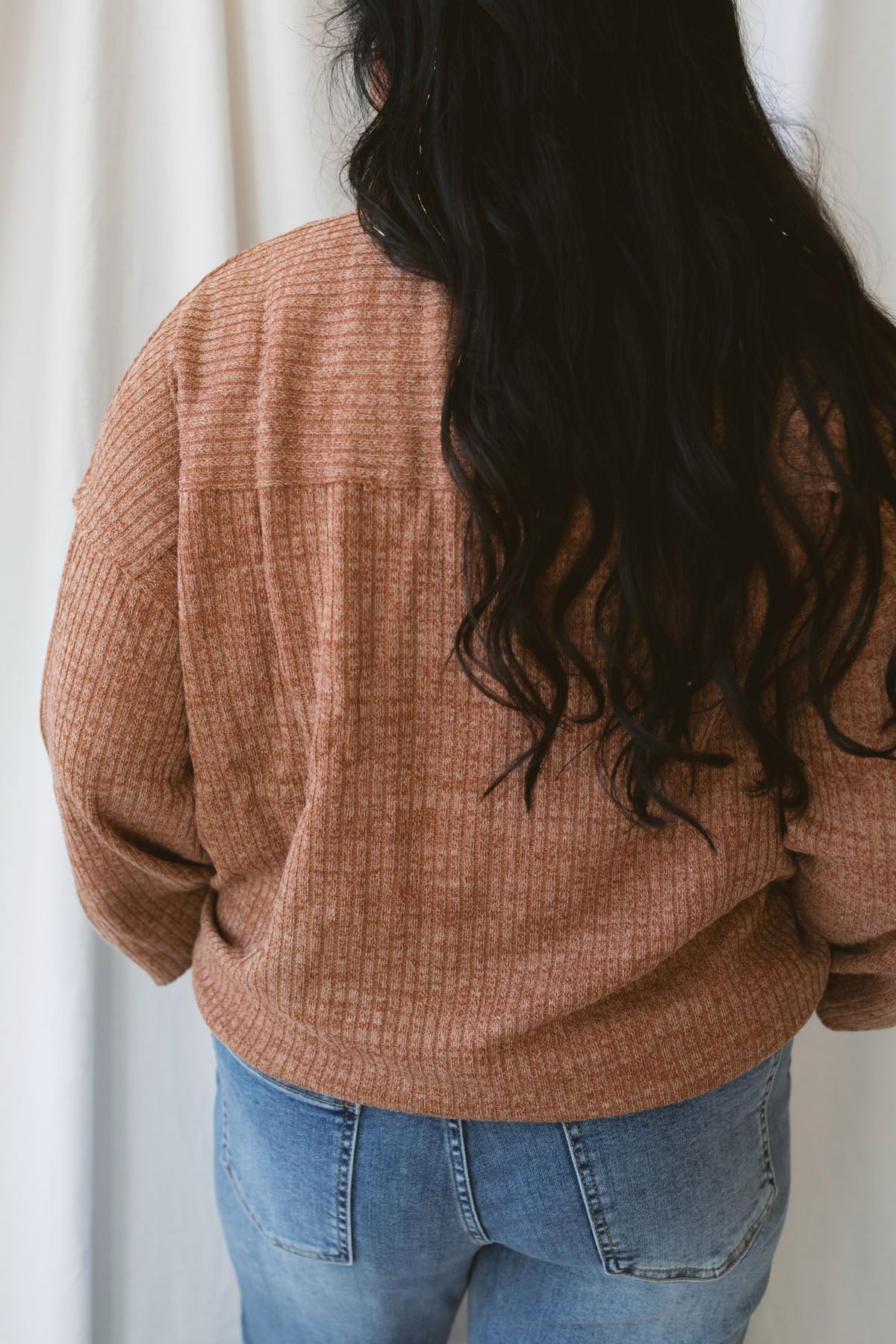 Valerie brick ribbed knit half zip pullover sweater with long sleeves and a cozy textured design.