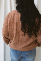 Valerie brick ribbed knit half zip pullover sweater with long sleeves and a cozy textured design.