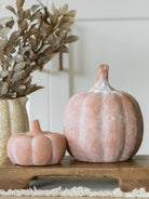 Orange terracotta pumpkins sitting next to each other on a warm wood riser with a pumpkin shaped pitcher and fall foilage. 