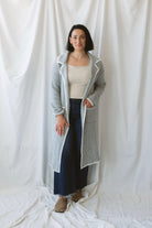 Kaitlyn heather grey knit open cardigan with a lapel collar and contrast trim.