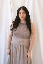 Willow brown gingham sleeveless midi dress with a smocked bodice and tiered skirt.