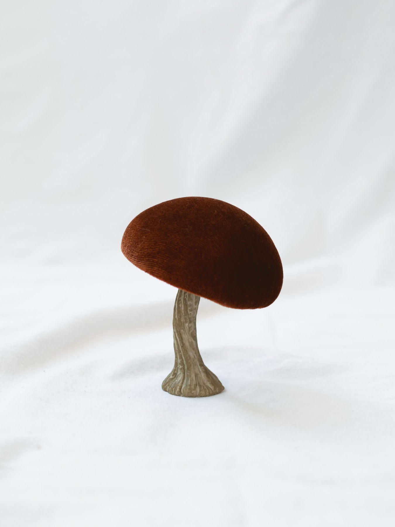 The rust color mushroom set up on a white linen backdrop. 