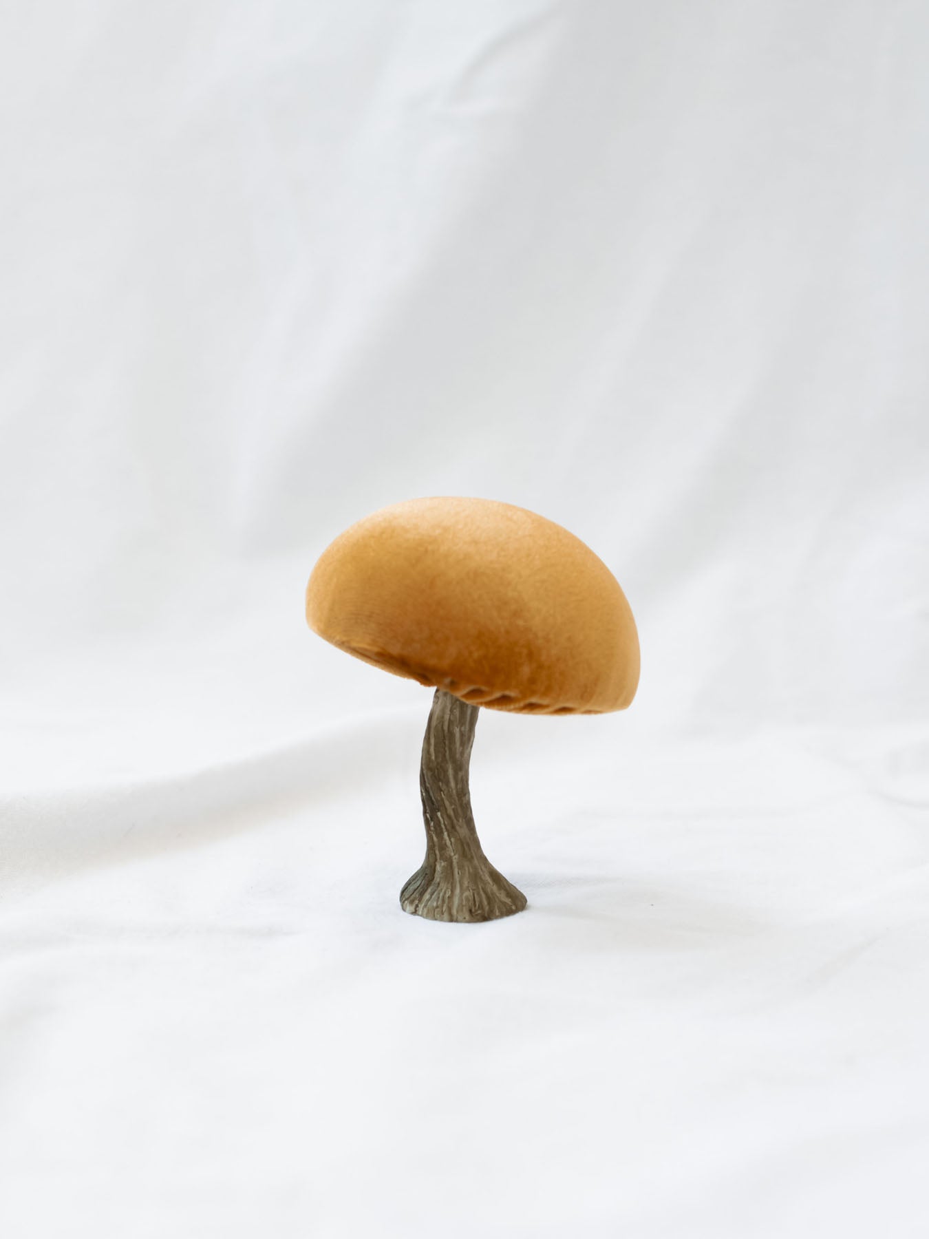 The mustard color mushroom set up on a white linen backdrop. 