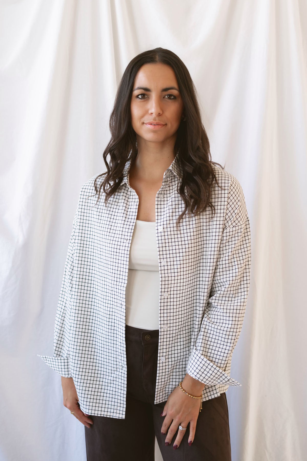Eloise oversized black and ivory check shirt with a relaxed button-front silhouette.