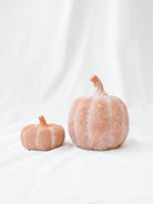 Orange terracotta pumpkins sitting next to each other on a white linen backdrop. 