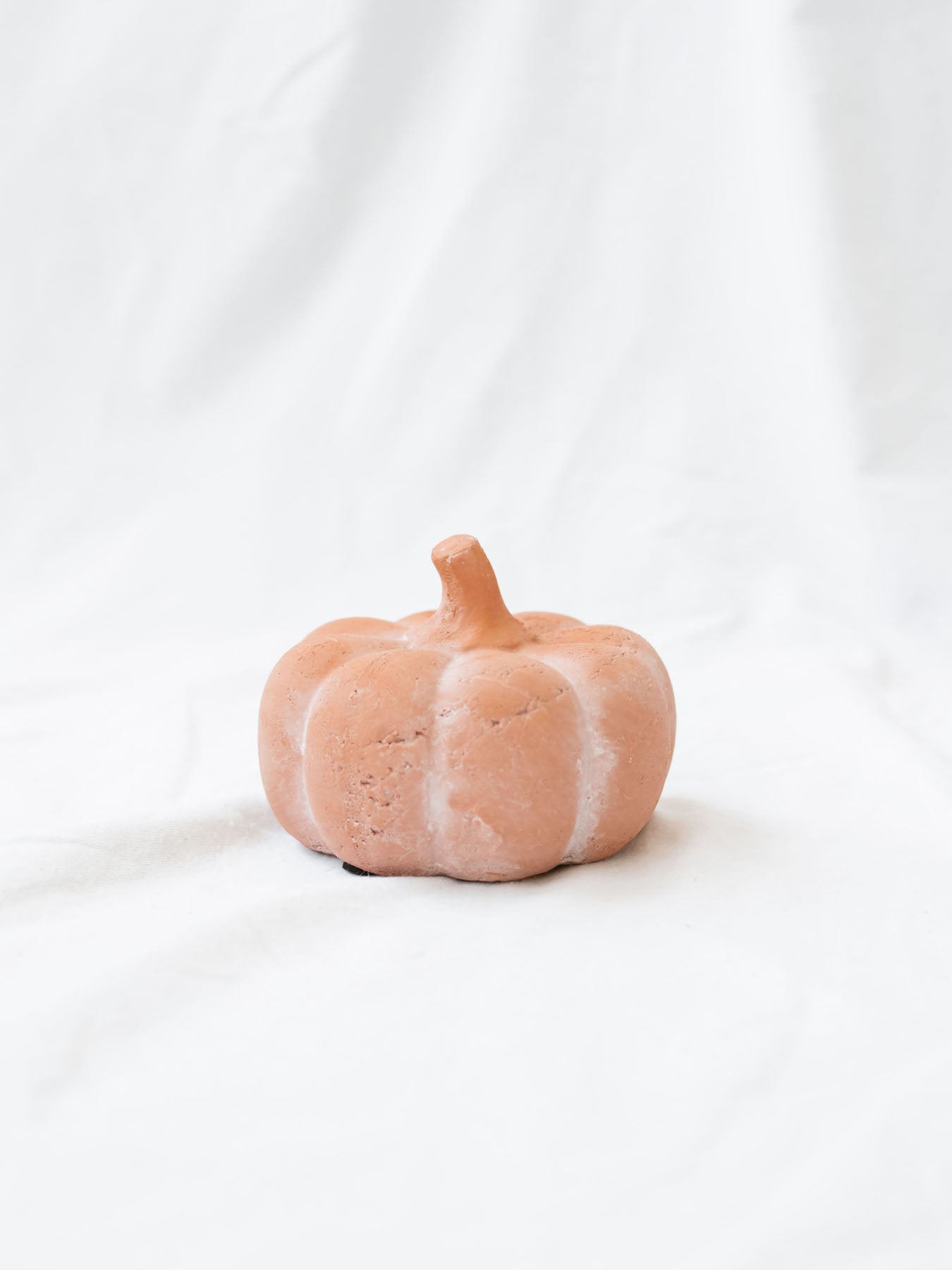 Small size of the terracotta orange pumpkin sitting on white linen backdrop. 