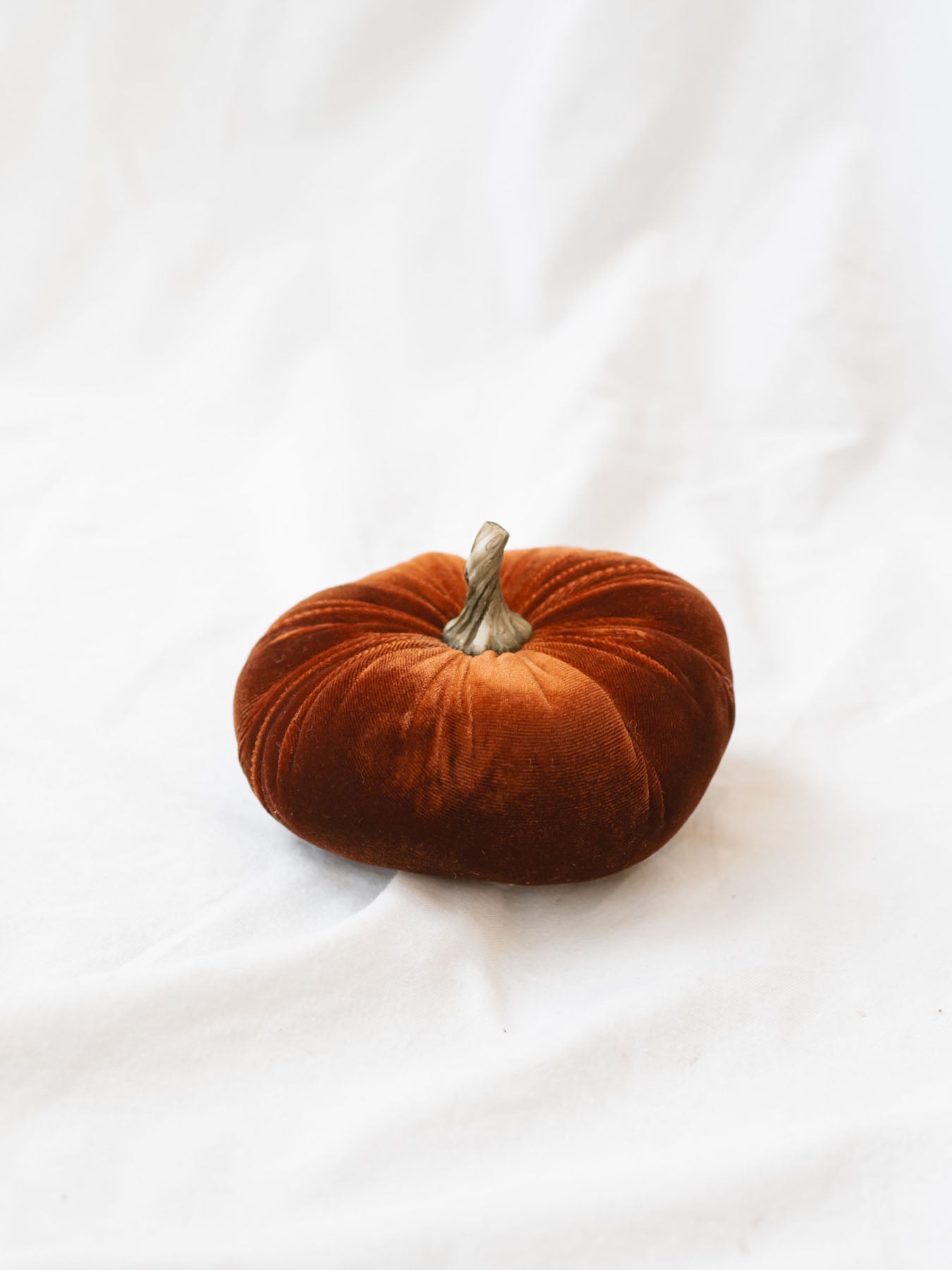 Rust color of the velvet pumpkin sitting on white linen backdrop. 