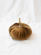 Tan color of the velvet pumpkins sitting on the white linen backdrop. 