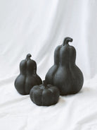 Two gourds and one pumpkin in a black terracotta. All three sizes are sitting on a white linen backdrop. 