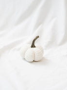 Small size knit stuffed white pumpkin on white linen backdrop. 