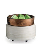 2-in-1 Classic warmer with white washed base and bronze detail on a while background