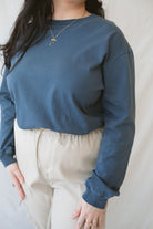 Sarah Navy Long Sleeve Garment Dye Tee for women, made from 100% cotton with a classic round neckline and casual garment-dyed finish.