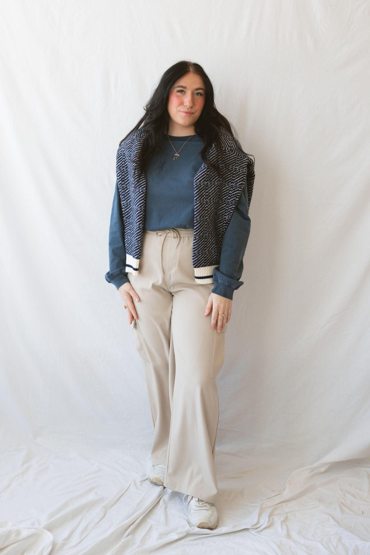 Sarah Navy Long Sleeve Garment Dye Tee for women, made from 100% cotton with a classic round neckline and casual garment-dyed finish.